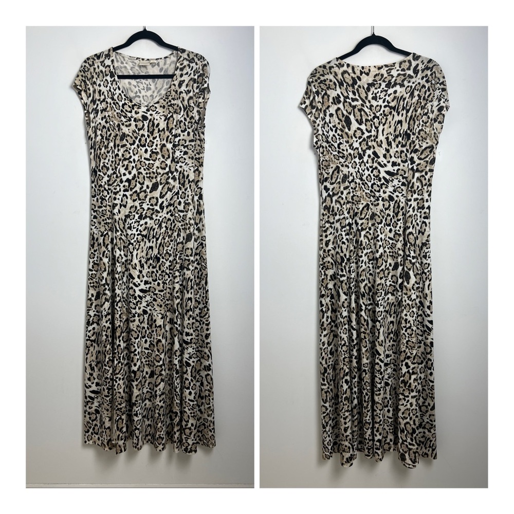 Chico's Medium Cheetah Print Round‎ Neck Cap Sleeve Stretch Maxi Dress